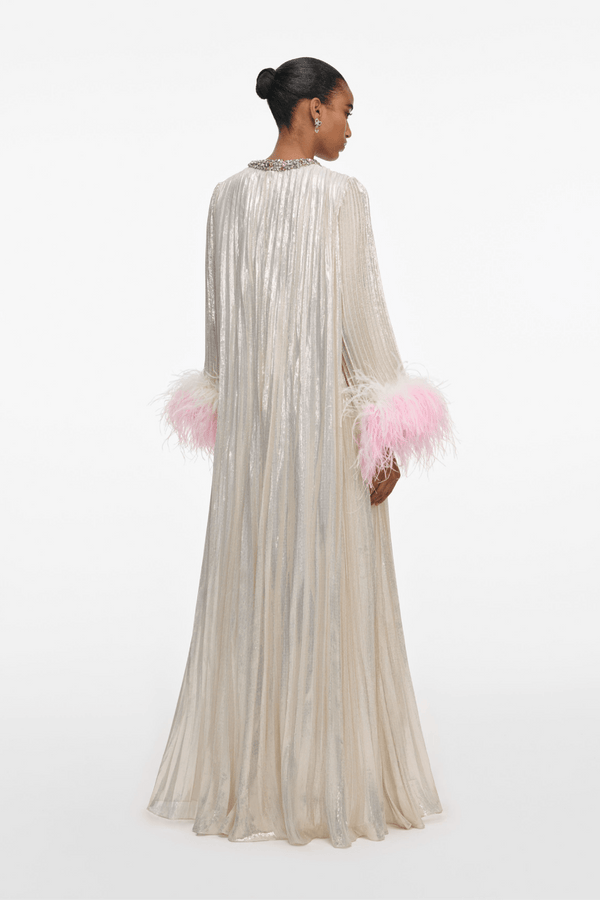 Champagne Metallic Ombre Feather Maxi Dress - ALBOUSHIYA - district 5 - dubai - riyadh - abaya - dresses - designers - evening wear - luxury - elegance - craftsmanship - gowns - cocktail dresses - collections - georges