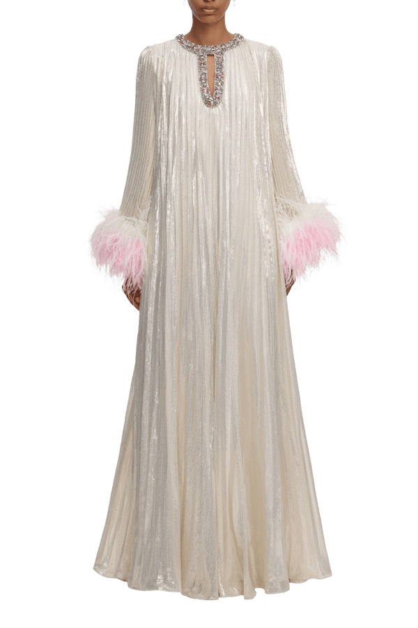 Champagne Metallic Ombre Feather Maxi Dress - ALBOUSHIYA - district 5 - dubai - riyadh - abaya - dresses - designers - evening wear - luxury - elegance - craftsmanship - gowns - cocktail dresses - collections - georges