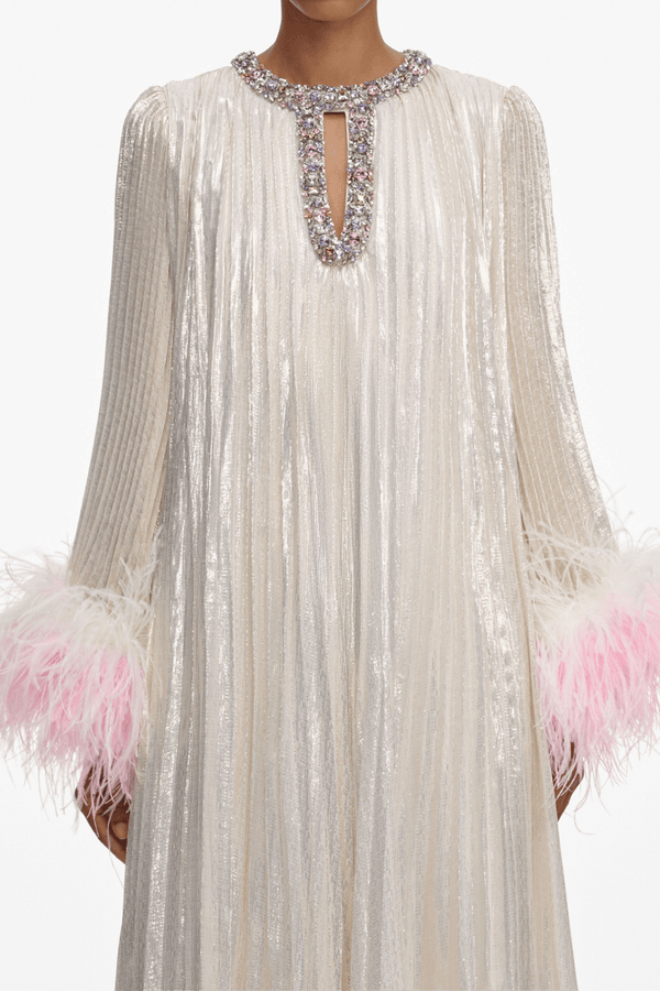 Champagne Metallic Ombre Feather Maxi Dress - ALBOUSHIYA - district 5 - dubai - riyadh - abaya - dresses - designers - evening wear - luxury - elegance - craftsmanship - gowns - cocktail dresses - collections - georges
