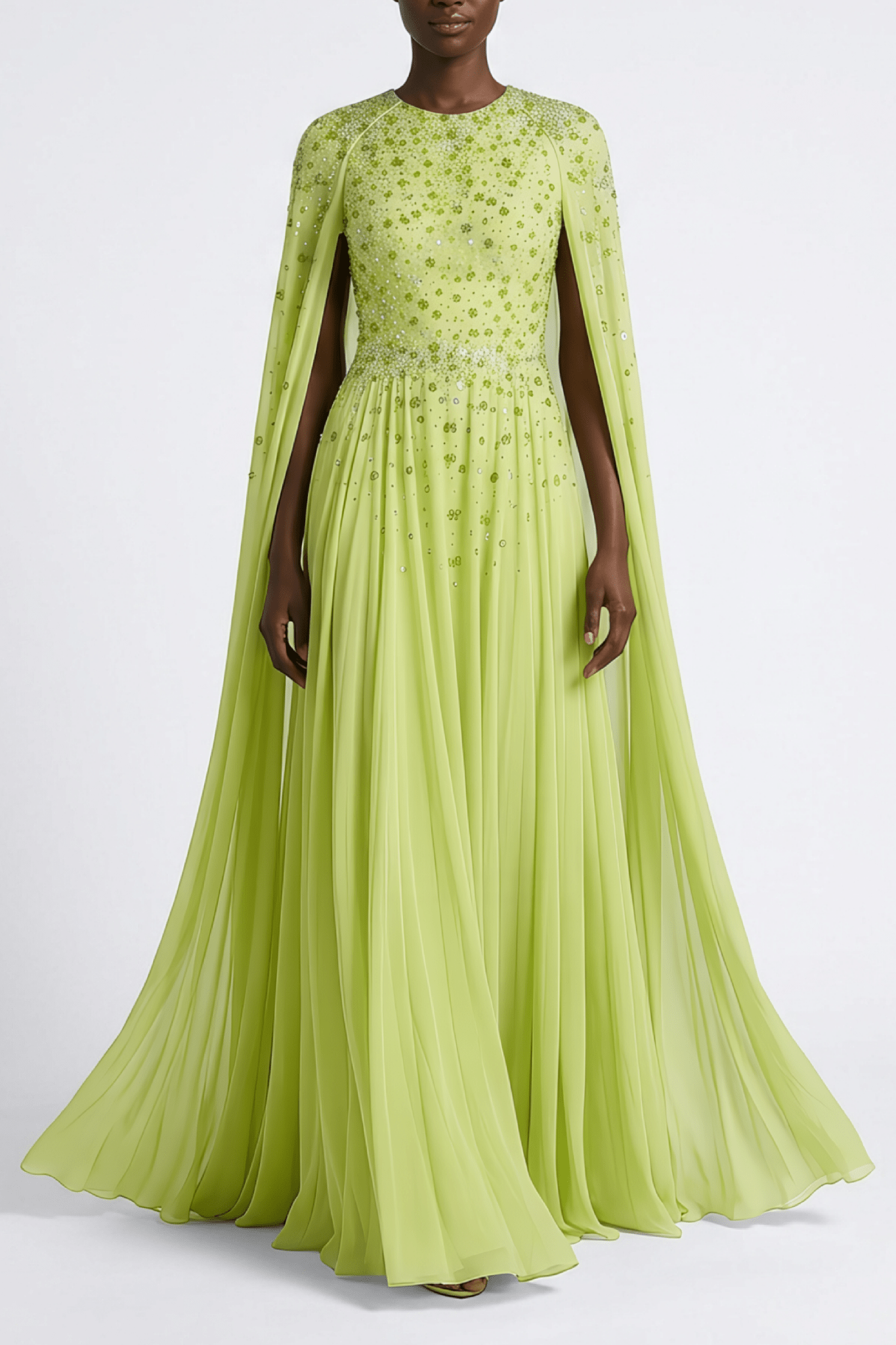 Chiffon Embellished Cape Sleeve Gown - ALBOUSHIYA - district 5 - dubai - riyadh - abaya - dresses - designers - evening wear - luxury - elegance - craftsmanship - gowns - cocktail dresses - collections - georges