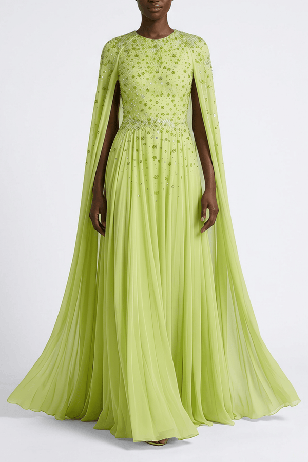 Chiffon Embellished Cape Sleeve Gown - ALBOUSHIYA - district 5 - dubai - riyadh - abaya - dresses - designers - evening wear - luxury - elegance - craftsmanship - gowns - cocktail dresses - collections - georges
