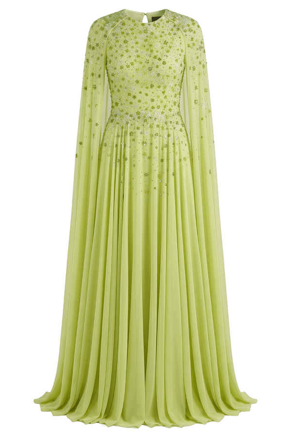 Chiffon Embellished Cape Sleeve Gown - ALBOUSHIYA - district 5 - dubai - riyadh - abaya - dresses - designers - evening wear - luxury - elegance - craftsmanship - gowns - cocktail dresses - collections - georges