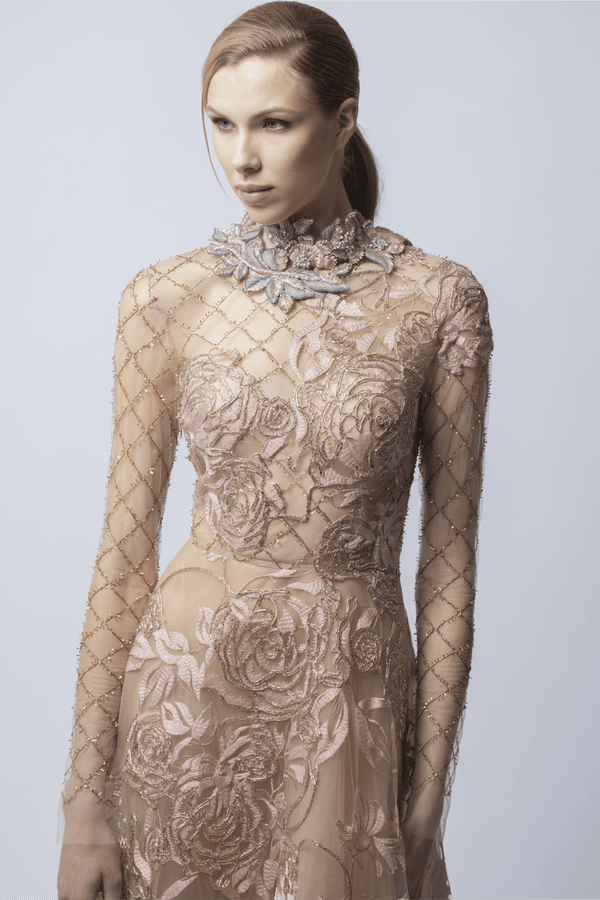 Cornelia Embroidered Tulle Midi Dress - ALBOUSHIYA - district 5 - dubai - riyadh - abaya - dresses - designers - evening wear - luxury - elegance - craftsmanship - gowns - cocktail dresses - collections - georges