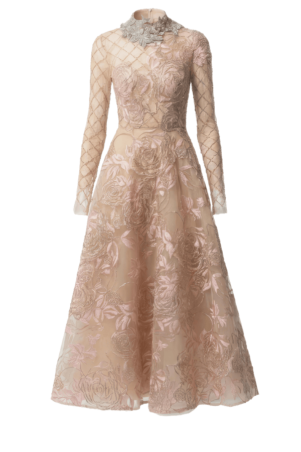 Cornelia Embroidered Tulle Midi Dress - ALBOUSHIYA - district 5 - dubai - riyadh - abaya - dresses - designers - evening wear - luxury - elegance - craftsmanship - gowns - cocktail dresses - collections - georges