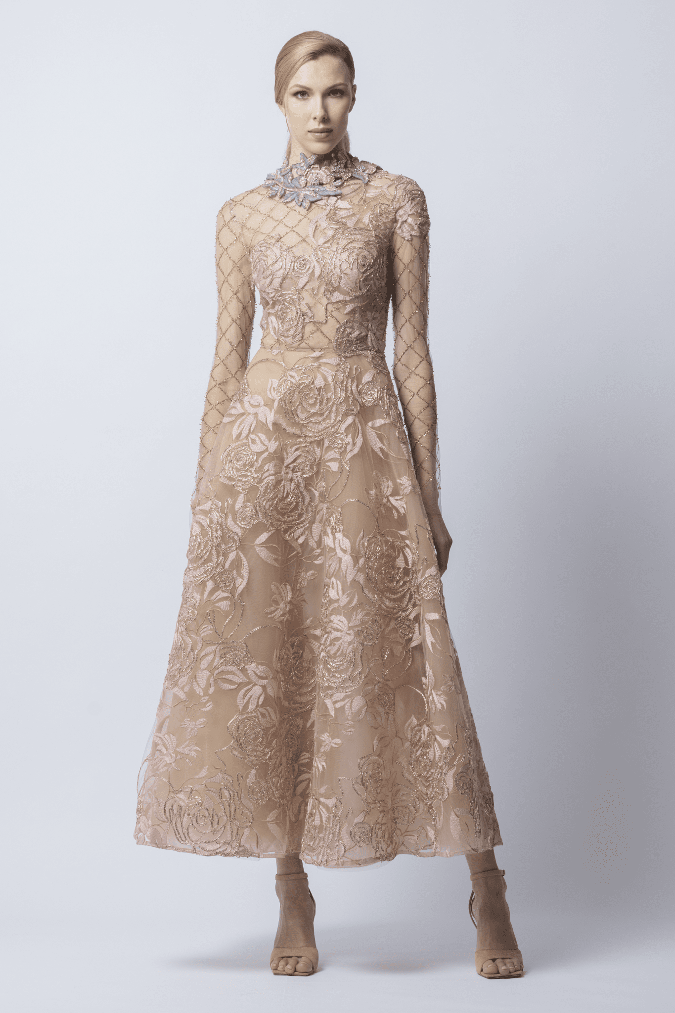 Cornelia Embroidered Tulle Midi Dress - ALBOUSHIYA - district 5 - dubai - riyadh - abaya - dresses - designers - evening wear - luxury - elegance - craftsmanship - gowns - cocktail dresses - collections - georges