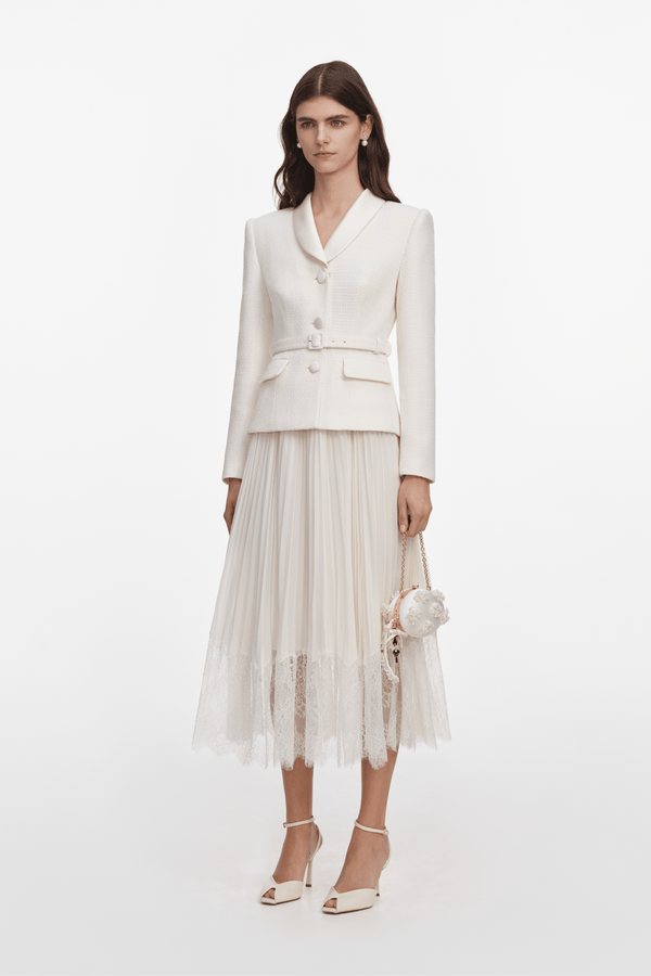 Cream Boucle Shawl Collared Midi Dress - ALBOUSHIYA - district 5 - dubai - riyadh - abaya - dresses - designers - evening wear - luxury - elegance - craftsmanship - gowns - cocktail dresses - collections - georges