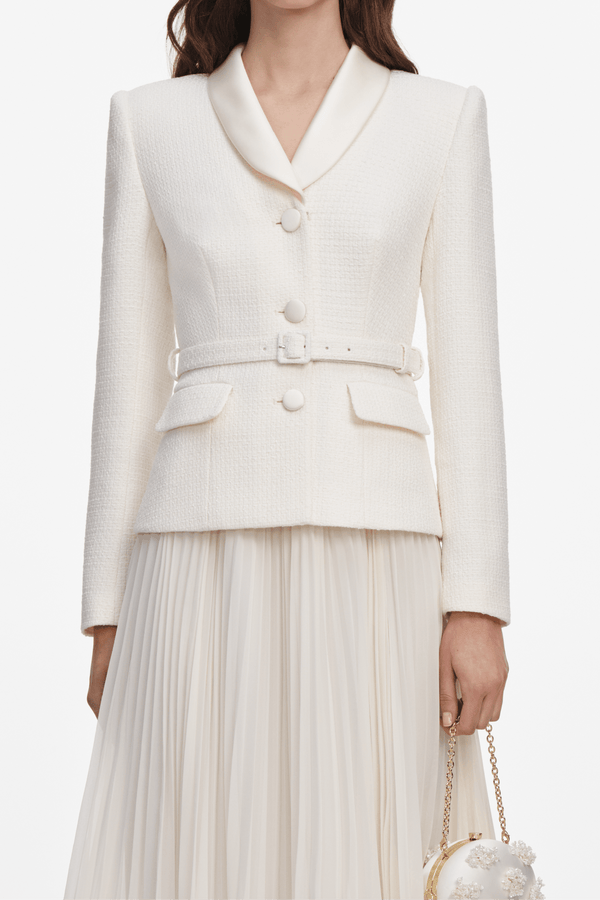 Cream Boucle Shawl Collared Midi Dress - ALBOUSHIYA - district 5 - dubai - riyadh - abaya - dresses - designers - evening wear - luxury - elegance - craftsmanship - gowns - cocktail dresses - collections - georges