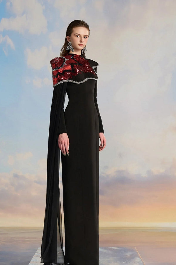 Crepe Dress with Shoulder Detail - ALBOUSHIYA - district 5 - dubai - riyadh - abaya - dresses - designers - evening wear - luxury - elegance - craftsmanship - gowns - cocktail dresses - collections - georges