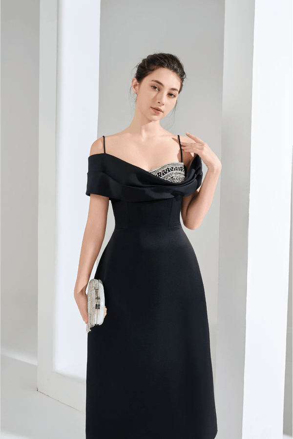 Crystal Embellished Asymmetric Midi - ALBOUSHIYA - district 5 - dubai - riyadh - abaya - dresses - designers - evening wear - luxury - elegance - craftsmanship - gowns - cocktail dresses - collections - georges