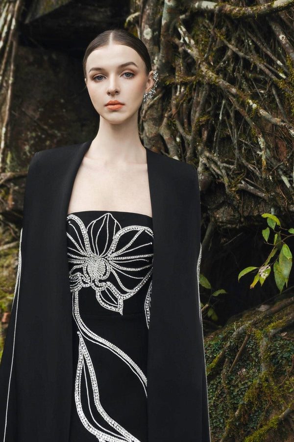 Crystal Strapless Dress With Long Back Cape - ALBOUSHIYA - district 5 - dubai - riyadh - abaya - dresses - designers - evening wear - luxury - elegance - craftsmanship - gowns - cocktail dresses - collections - georges