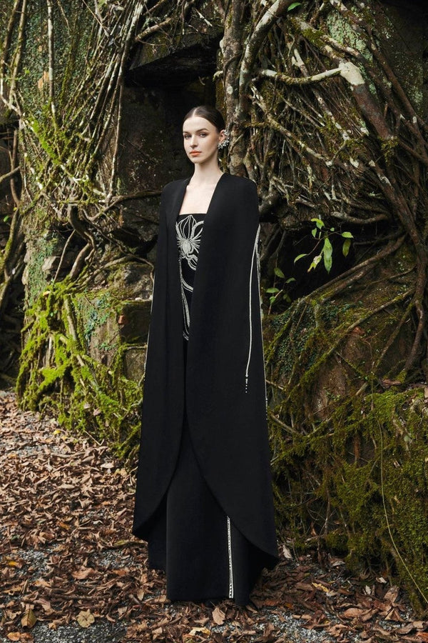 Crystal Strapless Dress With Long Back Cape - ALBOUSHIYA - district 5 - dubai - riyadh - abaya - dresses - designers - evening wear - luxury - elegance - craftsmanship - gowns - cocktail dresses - collections - georges