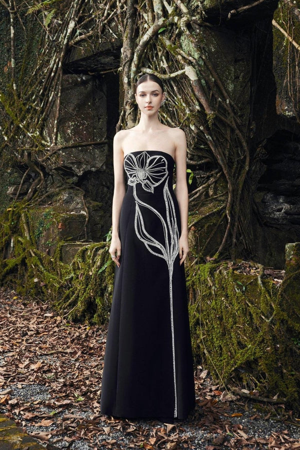 Crystal Strapless Dress With Long Back Cape - ALBOUSHIYA - district 5 - dubai - riyadh - abaya - dresses - designers - evening wear - luxury - elegance - craftsmanship - gowns - cocktail dresses - collections - georges