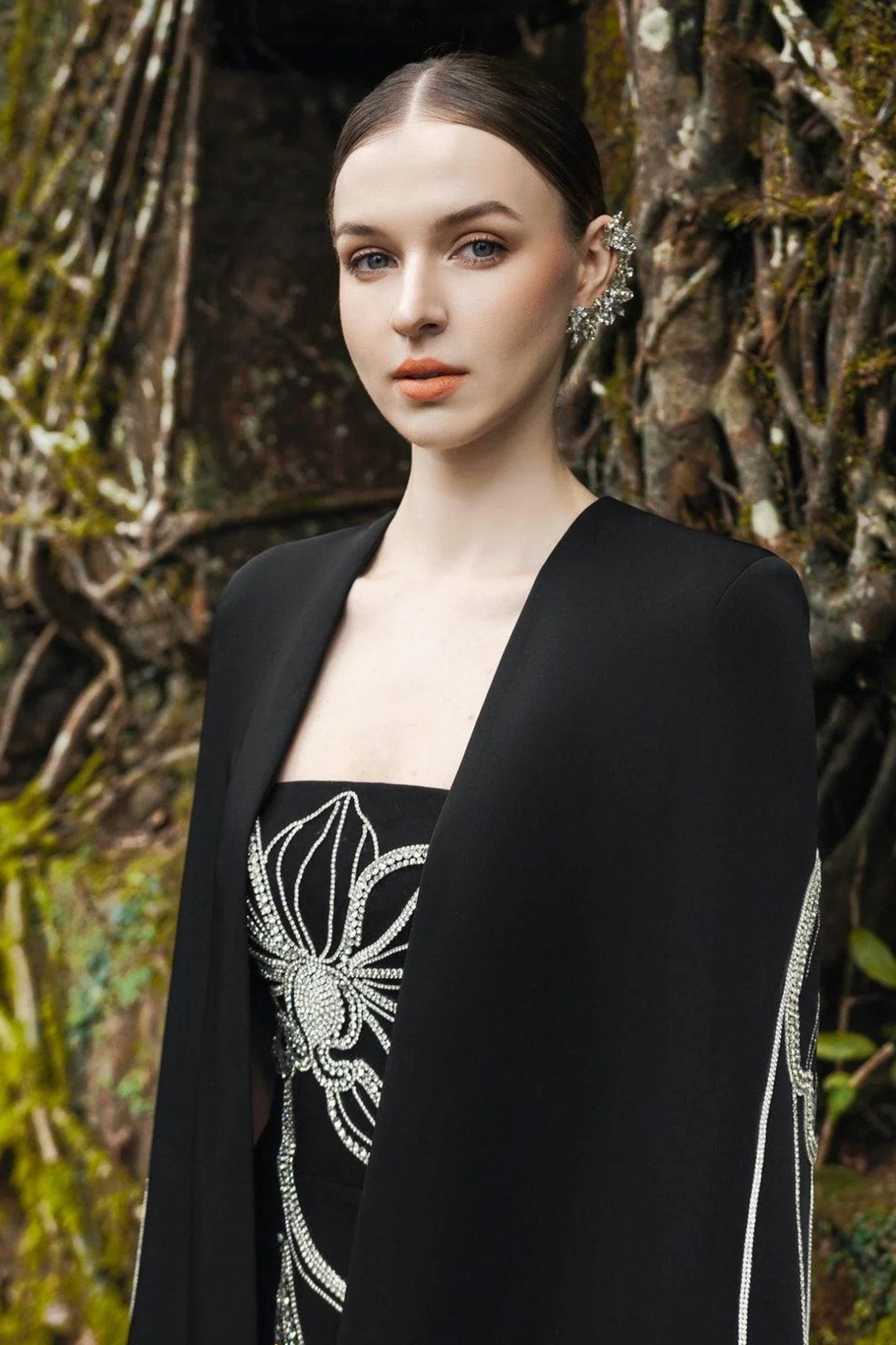 Crystal Strapless Dress With Long Back Cape - ALBOUSHIYA - district 5 - dubai - riyadh - abaya - dresses - designers - evening wear - luxury - elegance - craftsmanship - gowns - cocktail dresses - collections - georges