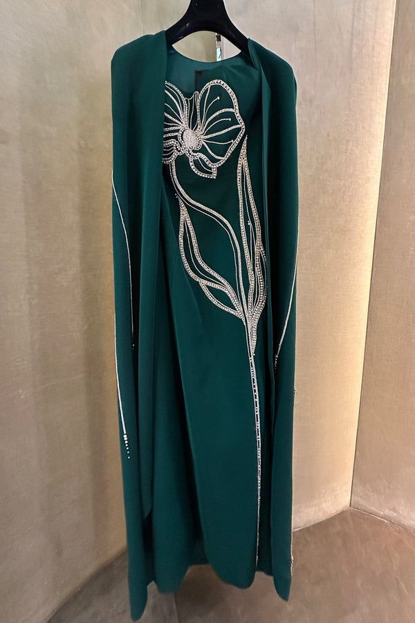 Crystal Strapless Dress With Long Back Cape - ALBOUSHIYA - district 5 - dubai - riyadh - abaya - dresses - designers - evening wear - luxury - elegance - craftsmanship - gowns - cocktail dresses - collections - georges