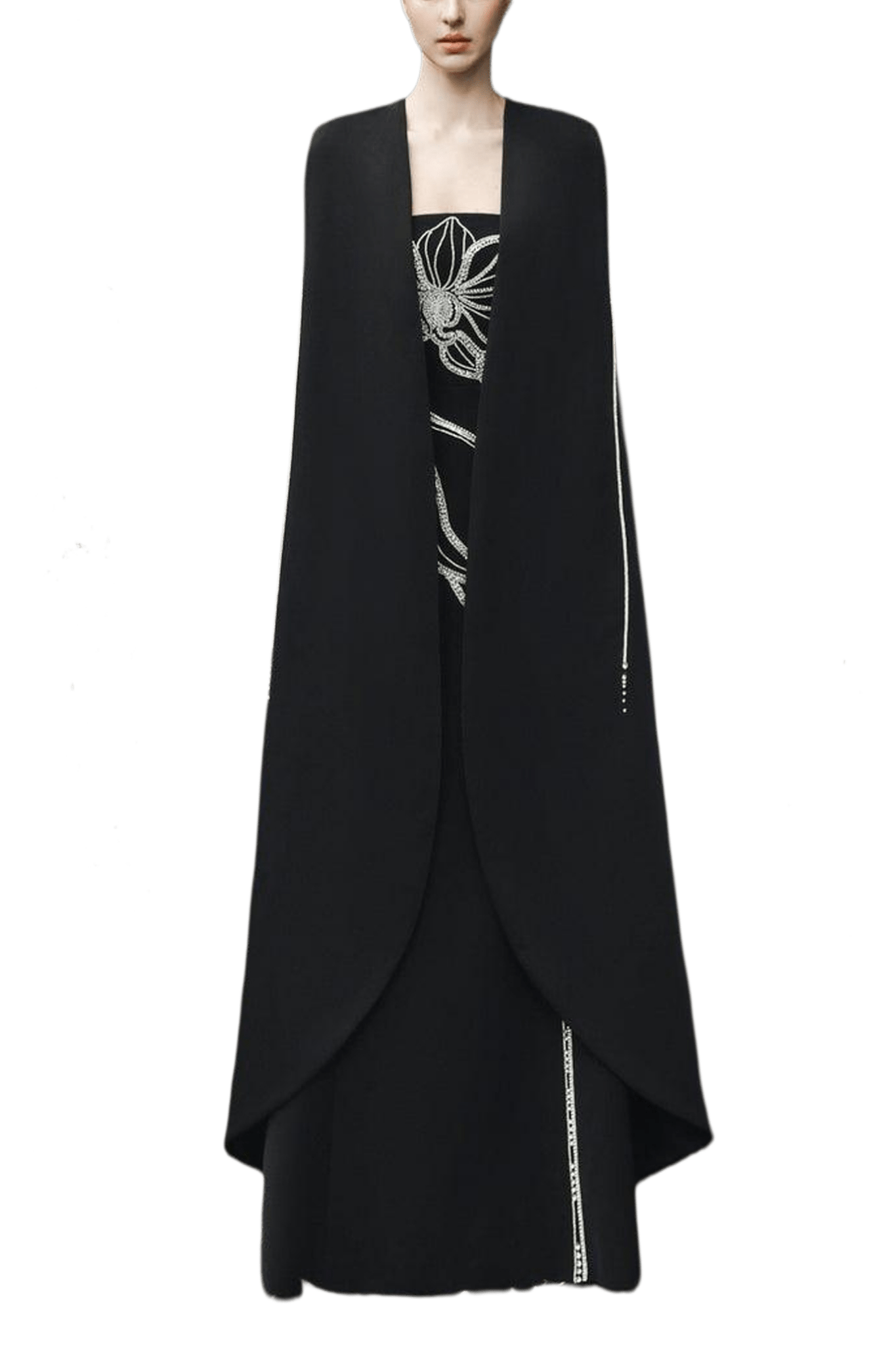 Crystal Strapless Dress With Long Back Cape - ALBOUSHIYA - district 5 - dubai - riyadh - abaya - dresses - designers - evening wear - luxury - elegance - craftsmanship - gowns - cocktail dresses - collections - georges