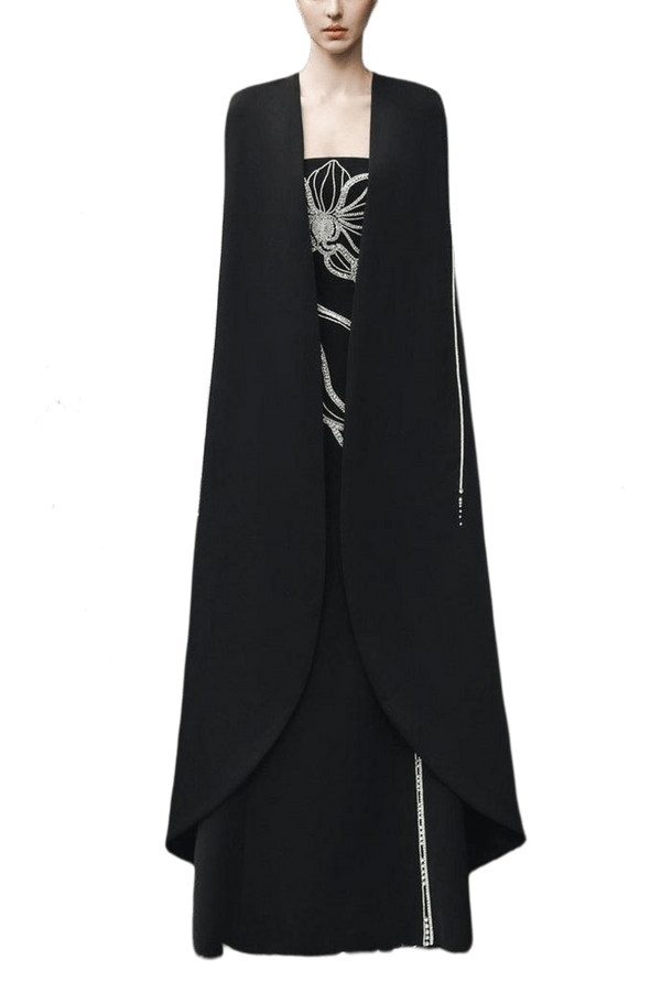 Crystal Strapless Dress With Long Back Cape - ALBOUSHIYA - district 5 - dubai - riyadh - abaya - dresses - designers - evening wear - luxury - elegance - craftsmanship - gowns - cocktail dresses - collections - georges