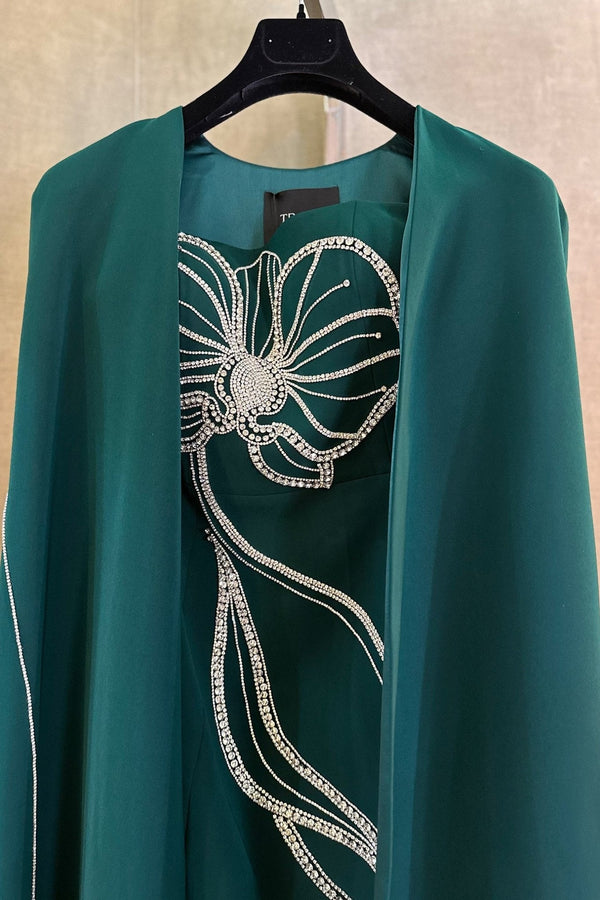 Crystal Strapless Dress With Long Back Cape - ALBOUSHIYA - district 5 - dubai - riyadh - abaya - dresses - designers - evening wear - luxury - elegance - craftsmanship - gowns - cocktail dresses - collections - georges
