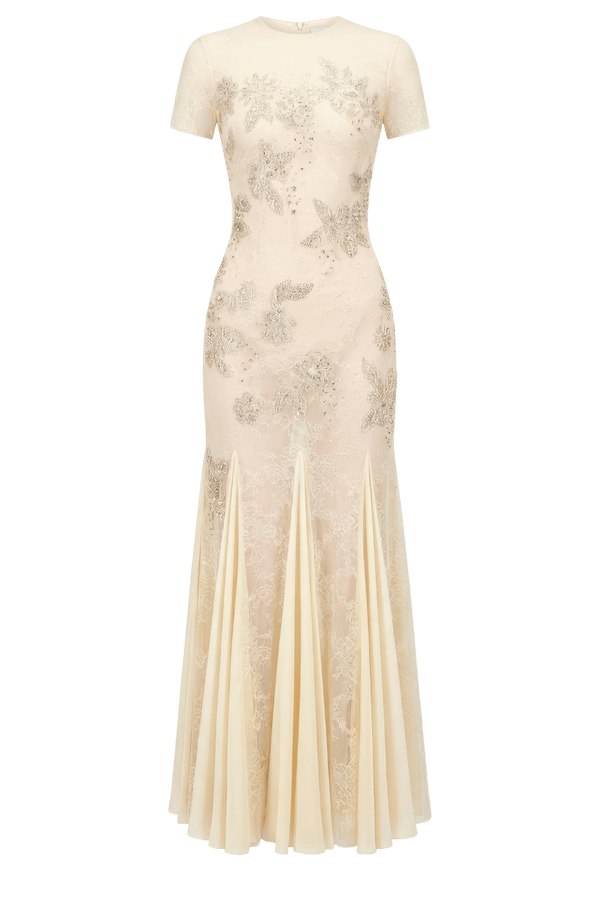 Crystallized Lace Midi Dress - ALBOUSHIYA - district 5 - dubai - riyadh - abaya - dresses - designers - evening wear - luxury - elegance - craftsmanship - gowns - cocktail dresses - collections - georges