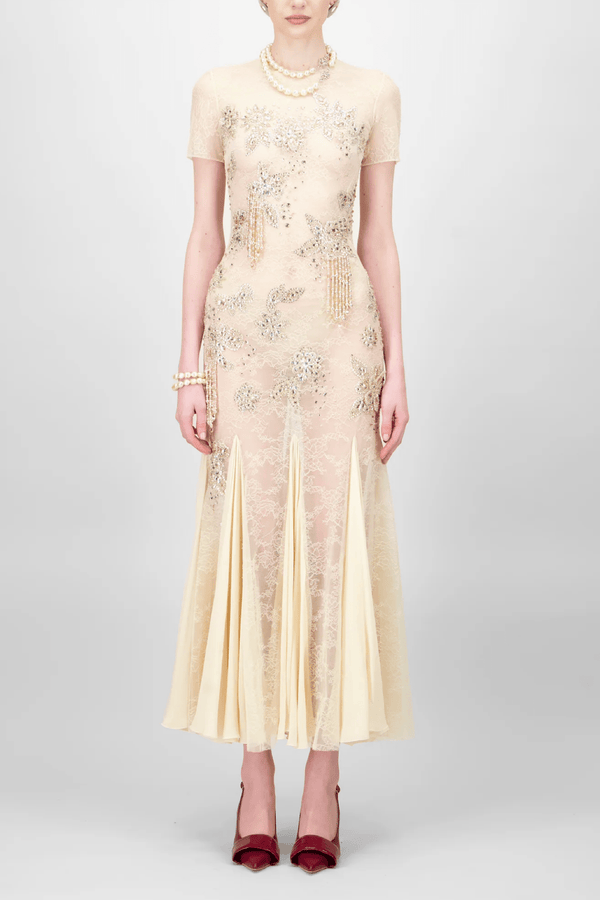 Crystallized Lace Midi Dress - ALBOUSHIYA - district 5 - dubai - riyadh - abaya - dresses - designers - evening wear - luxury - elegance - craftsmanship - gowns - cocktail dresses - collections - georges