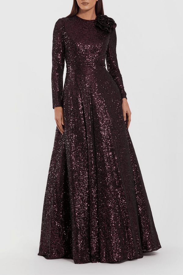 Dark Purple Long Sleeve Sequin Ball Gown With 3D Flower - ALBOUSHIYA - district 5 - dubai - riyadh - abaya - dresses - designers - evening wear - luxury - elegance - craftsmanship - gowns - cocktail dresses - collections - georges