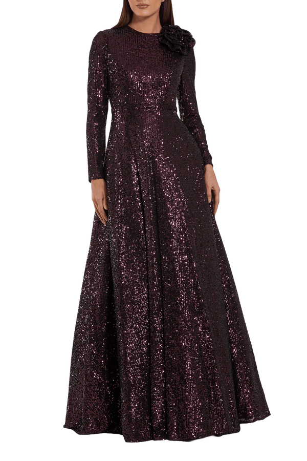 Dark Purple Long Sleeve Sequin Ball Gown With 3D Flower - ALBOUSHIYA - district 5 - dubai - riyadh - abaya - dresses - designers - evening wear - luxury - elegance - craftsmanship - gowns - cocktail dresses - collections - georges
