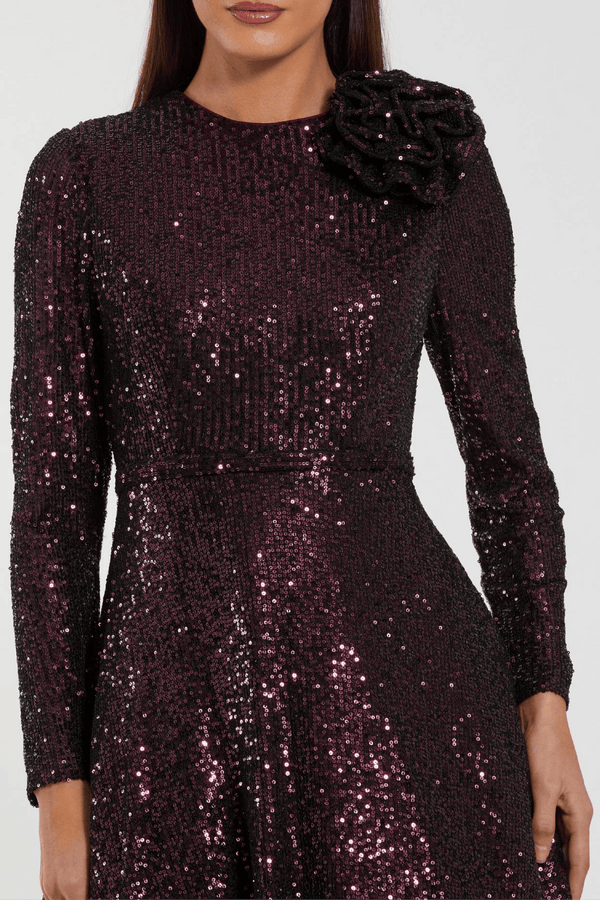 Dark Purple Long Sleeve Sequin Ball Gown With 3D Flower - ALBOUSHIYA - district 5 - dubai - riyadh - abaya - dresses - designers - evening wear - luxury - elegance - craftsmanship - gowns - cocktail dresses - collections - georges