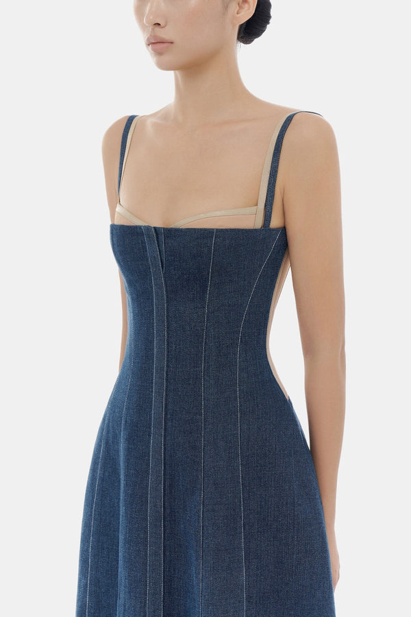 Denim Blue Corset Midi Dress - ALBOUSHIYA - district 5 - dubai - riyadh - abaya - dresses - designers - evening wear - luxury - elegance - craftsmanship - gowns - cocktail dresses - collections - georges