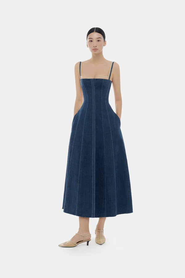 Denim Blue Corset Midi Dress - ALBOUSHIYA - district 5 - dubai - riyadh - abaya - dresses - designers - evening wear - luxury - elegance - craftsmanship - gowns - cocktail dresses - collections - georges