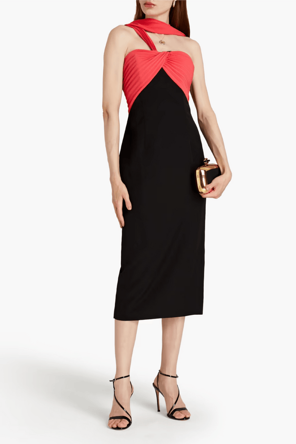 Draped Pleated - Paneled Crepe Midi Dress - ALBOUSHIYA - district 5 - dubai - riyadh - abaya - dresses - designers - evening wear - luxury - elegance - craftsmanship - gowns - cocktail dresses - collections - georges