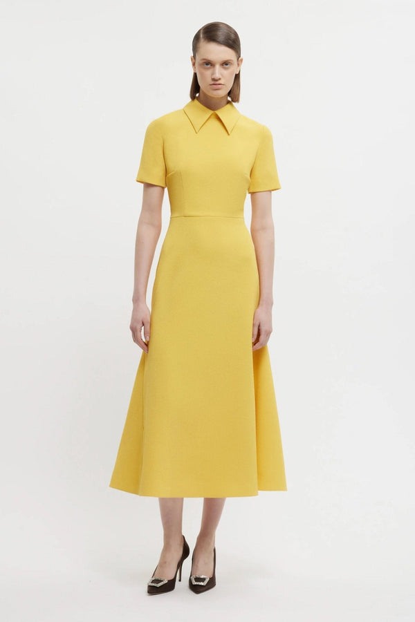 Eman Dress In Custard Yellow Double Crepe - ALBOUSHIYA - district 5 - dubai - riyadh - abaya - dresses - designers - evening wear - luxury - elegance - craftsmanship - gowns - cocktail dresses - collections - georges