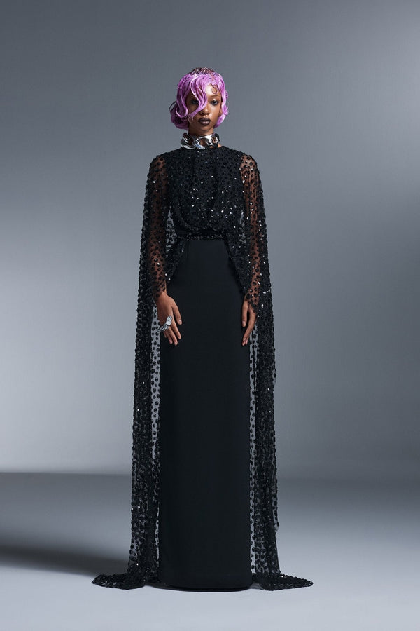 Embellished Cape Gown - ALBOUSHIYA - district 5 - dubai - riyadh - abaya - dresses - designers - evening wear - luxury - elegance - craftsmanship - gowns - cocktail dresses - collections - georges