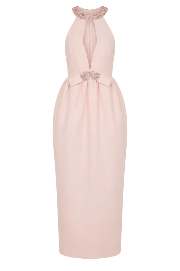Embellished Halterneck Blush Midi Dress - ALBOUSHIYA - district 5 - dubai - riyadh - abaya - dresses - designers - evening wear - luxury - elegance - craftsmanship - gowns - cocktail dresses - collections - georges