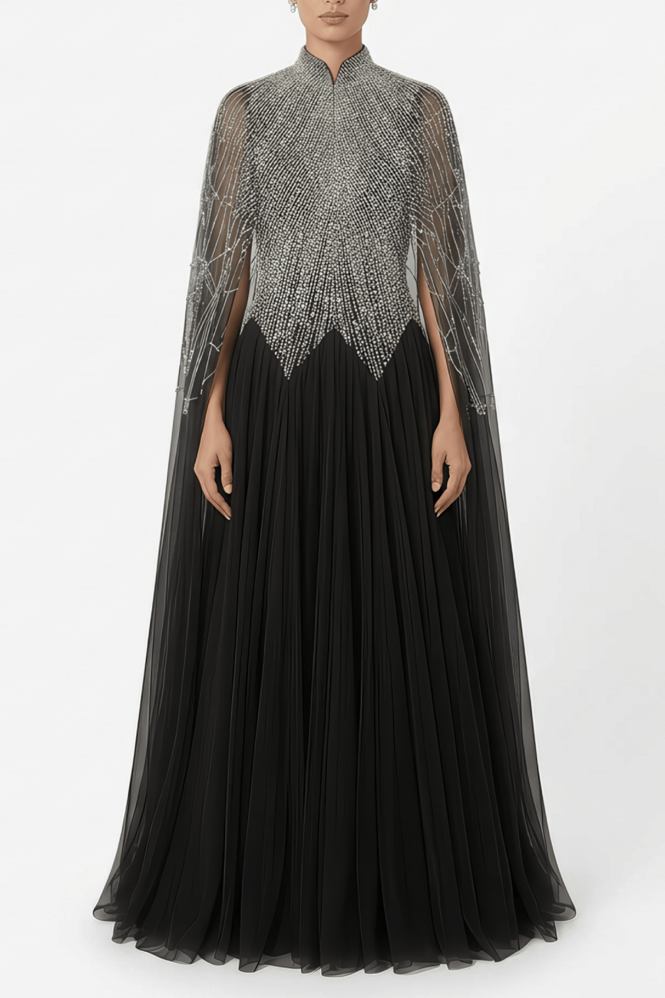 Embellished Illusion Cape Gown in Black Tulle - ALBOUSHIYA - district 5 - dubai - riyadh - abaya - dresses - designers - evening wear - luxury - elegance - craftsmanship - gowns - cocktail dresses - collections - georges