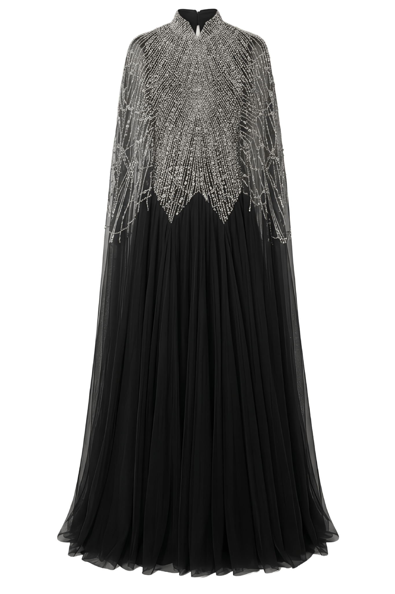 Embellished Illusion Cape Gown in Black Tulle - ALBOUSHIYA - district 5 - dubai - riyadh - abaya - dresses - designers - evening wear - luxury - elegance - craftsmanship - gowns - cocktail dresses - collections - georges