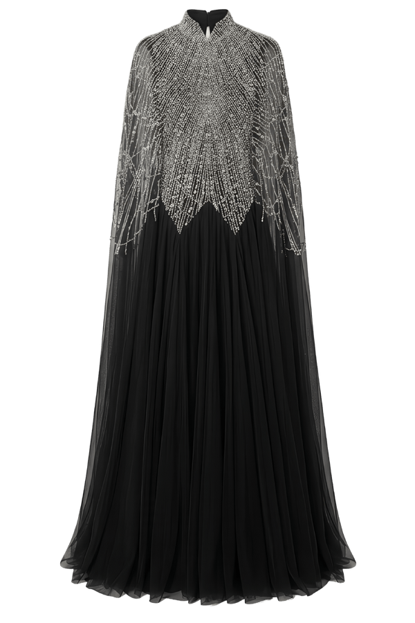 Embellished Illusion Cape Gown in Black Tulle - ALBOUSHIYA - district 5 - dubai - riyadh - abaya - dresses - designers - evening wear - luxury - elegance - craftsmanship - gowns - cocktail dresses - collections - georges