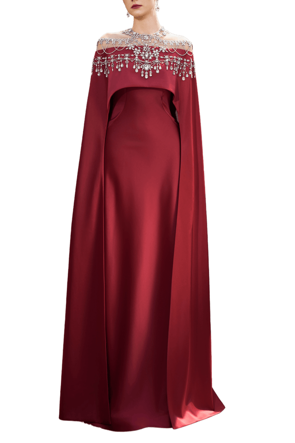 Embellished Off - Shoulder Cape Gown - ALBOUSHIYA - district 5 - dubai - riyadh - abaya - dresses - designers - evening wear - luxury - elegance - craftsmanship - gowns - cocktail dresses - collections - georges