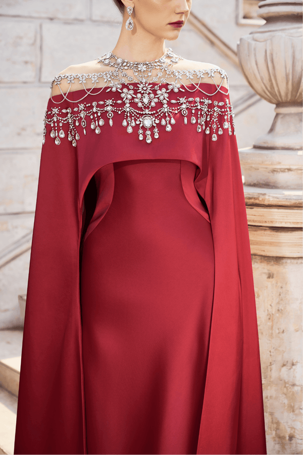 Embellished Off - Shoulder Cape Gown - ALBOUSHIYA - district 5 - dubai - riyadh - abaya - dresses - designers - evening wear - luxury - elegance - craftsmanship - gowns - cocktail dresses - collections - georges