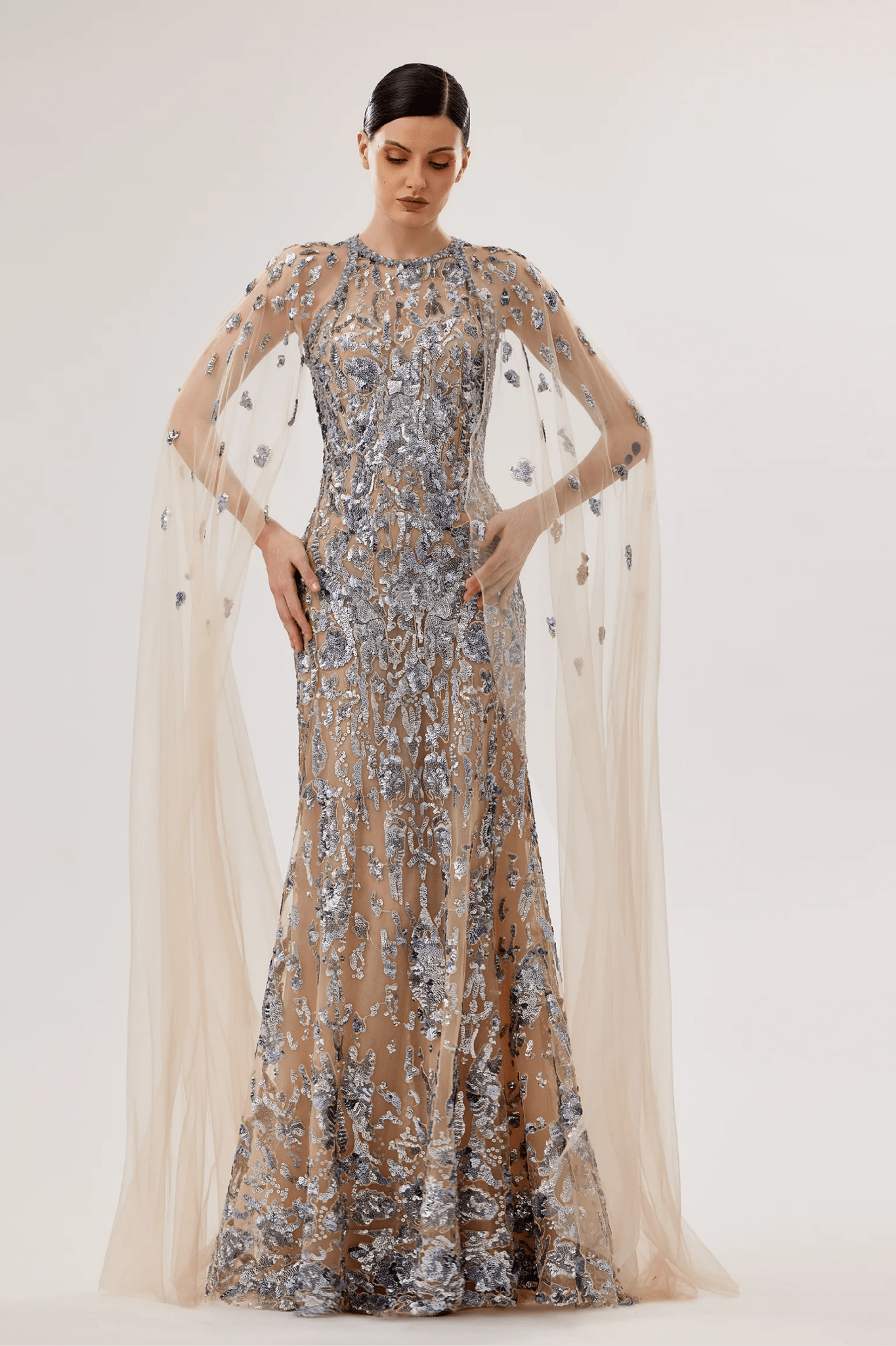 Embroidered Gown with Cape Sleeves - ALBOUSHIYA - district 5 - dubai - riyadh - abaya - dresses - designers - evening wear - luxury - elegance - craftsmanship - gowns - cocktail dresses - collections - georges