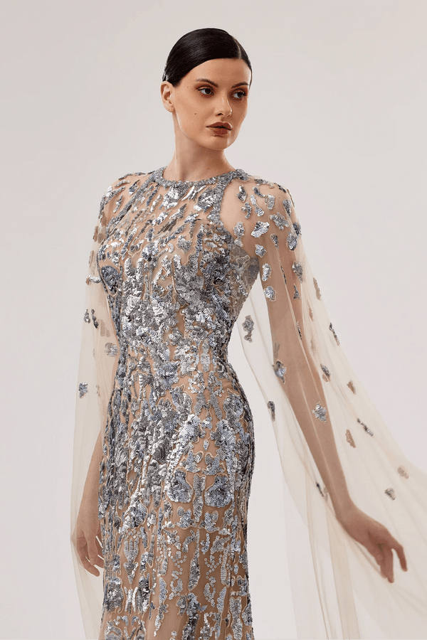 Embroidered Gown with Cape Sleeves - ALBOUSHIYA - district 5 - dubai - riyadh - abaya - dresses - designers - evening wear - luxury - elegance - craftsmanship - gowns - cocktail dresses - collections - georges