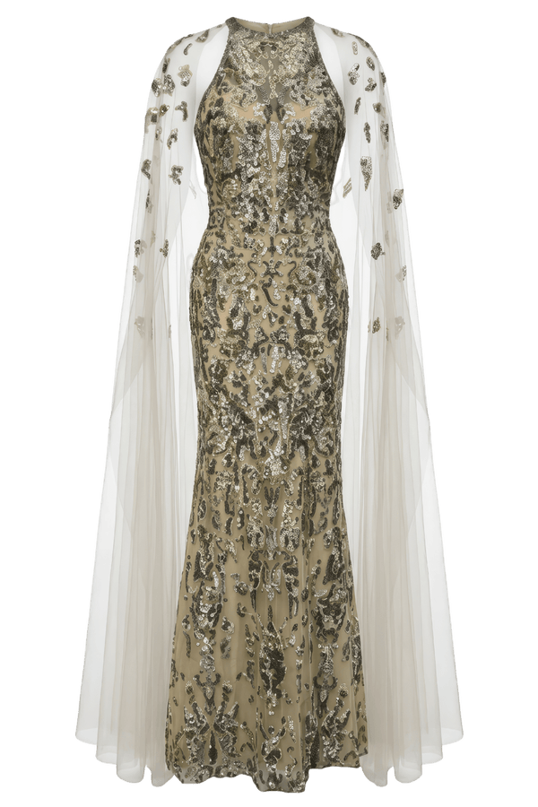 Embroidered Gown with Cape Sleeves - ALBOUSHIYA - district 5 - dubai - riyadh - abaya - dresses - designers - evening wear - luxury - elegance - craftsmanship - gowns - cocktail dresses - collections - georges