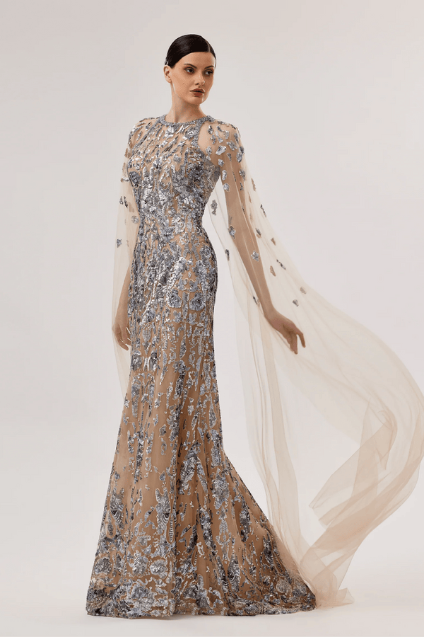 Embroidered Gown with Cape Sleeves - ALBOUSHIYA - district 5 - dubai - riyadh - abaya - dresses - designers - evening wear - luxury - elegance - craftsmanship - gowns - cocktail dresses - collections - georges