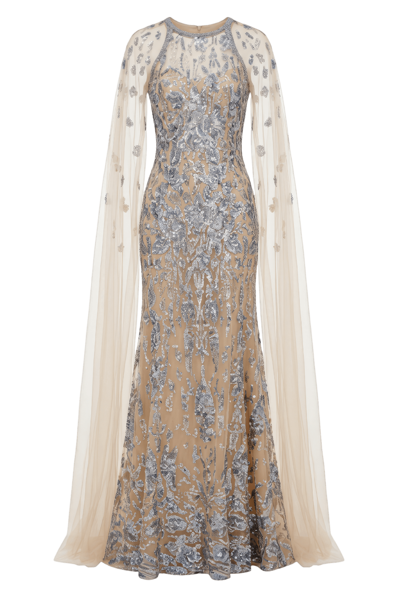 Embroidered Gown with Cape Sleeves - ALBOUSHIYA - district 5 - dubai - riyadh - abaya - dresses - designers - evening wear - luxury - elegance - craftsmanship - gowns - cocktail dresses - collections - georges