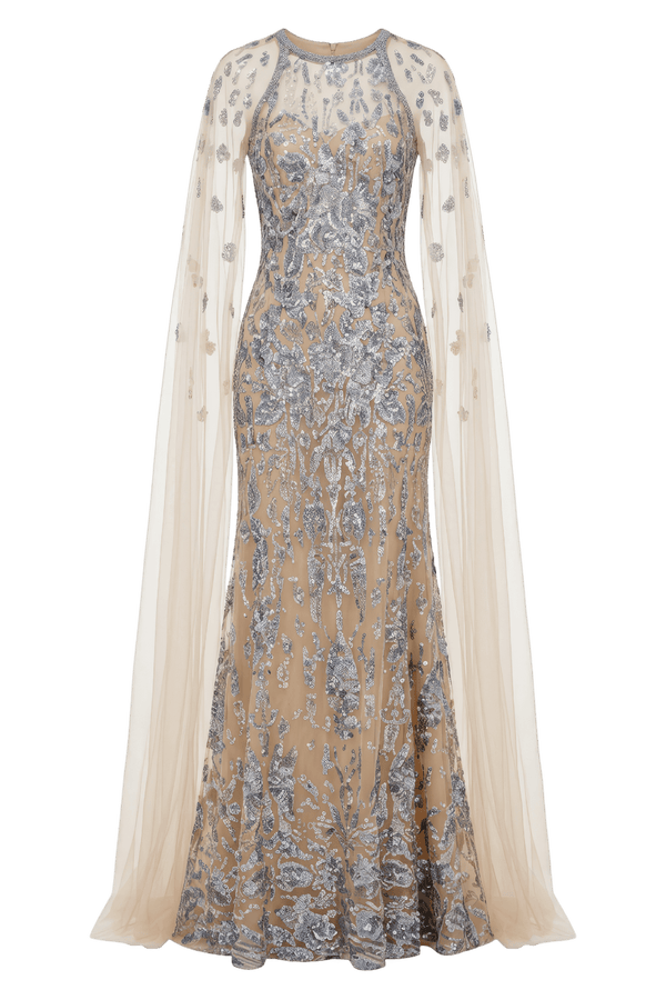 Embroidered Gown with Cape Sleeves - ALBOUSHIYA - district 5 - dubai - riyadh - abaya - dresses - designers - evening wear - luxury - elegance - craftsmanship - gowns - cocktail dresses - collections - georges