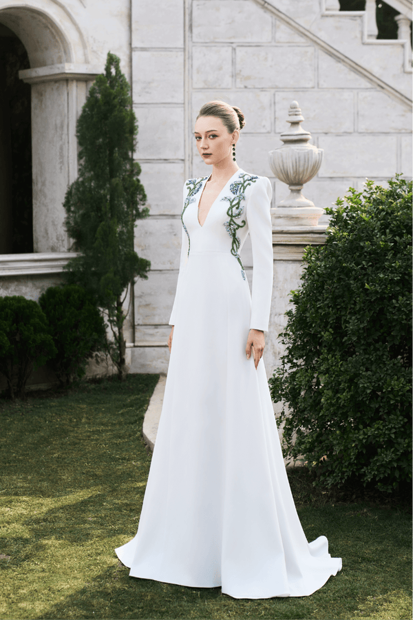 Embroidered Long - Sleeve V - Neck Gown - ALBOUSHIYA - district 5 - dubai - riyadh - abaya - dresses - designers - evening wear - luxury - elegance - craftsmanship - gowns - cocktail dresses - collections - georges