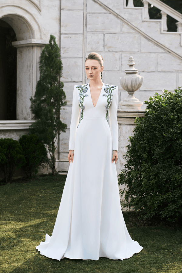 Embroidered Long - Sleeve V - Neck Gown - ALBOUSHIYA - district 5 - dubai - riyadh - abaya - dresses - designers - evening wear - luxury - elegance - craftsmanship - gowns - cocktail dresses - collections - georges