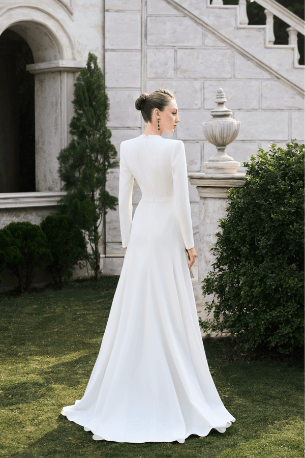 Embroidered Long - Sleeve V - Neck Gown - ALBOUSHIYA - district 5 - dubai - riyadh - abaya - dresses - designers - evening wear - luxury - elegance - craftsmanship - gowns - cocktail dresses - collections - georges