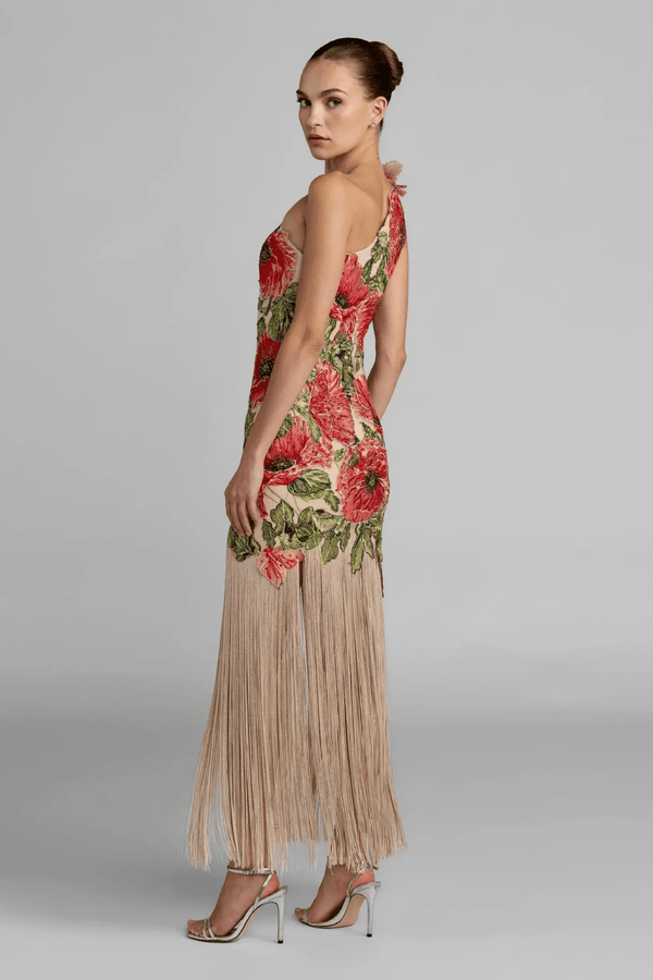 Embroidered One Shoulder Dress With Fringe Hem - ALBOUSHIYA - district 5 - dubai - riyadh - abaya - dresses - designers - evening wear - luxury - elegance - craftsmanship - gowns - cocktail dresses - collections - georges