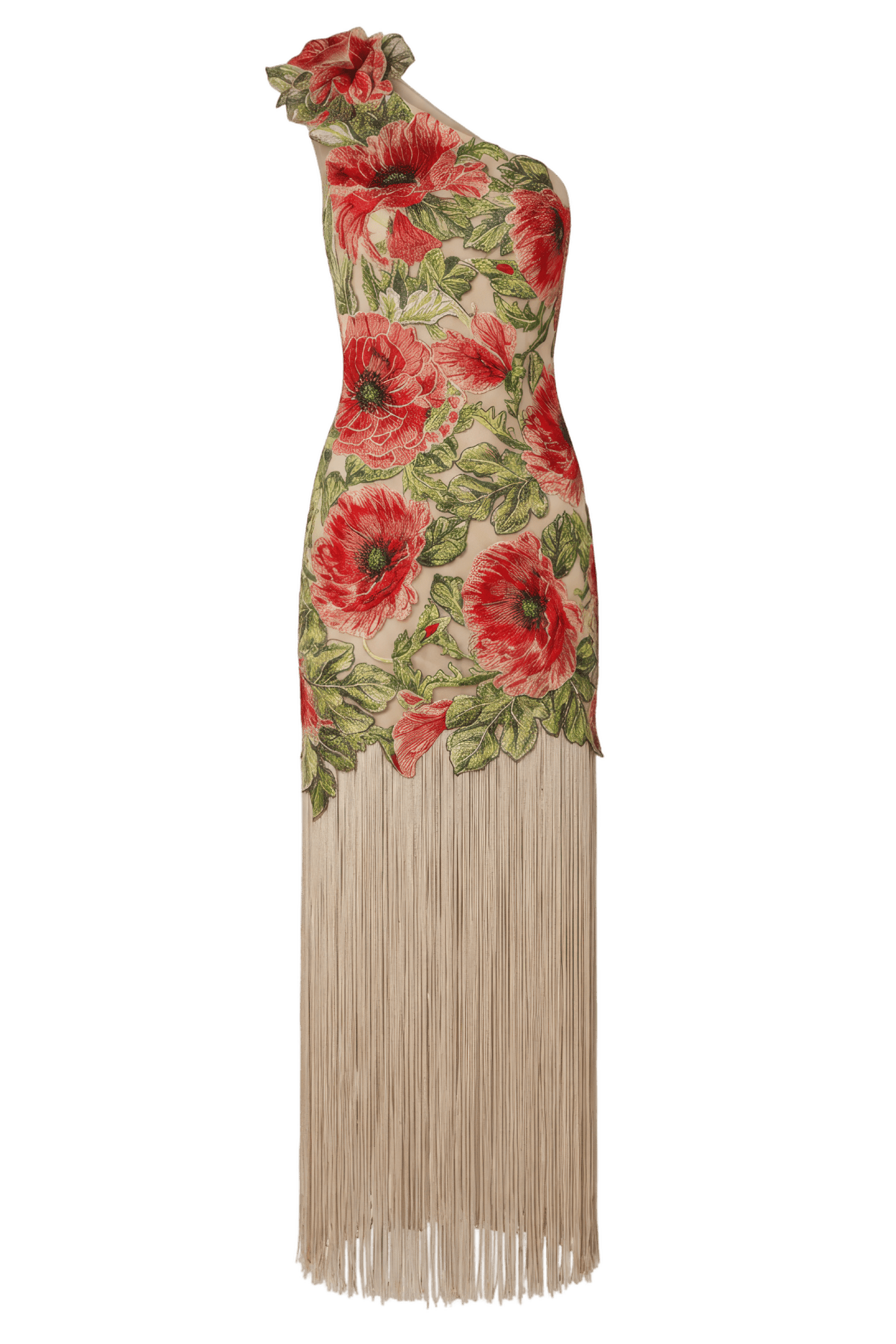 Embroidered One Shoulder Dress With Fringe Hem - ALBOUSHIYA - district 5 - dubai - riyadh - abaya - dresses - designers - evening wear - luxury - elegance - craftsmanship - gowns - cocktail dresses - collections - georges