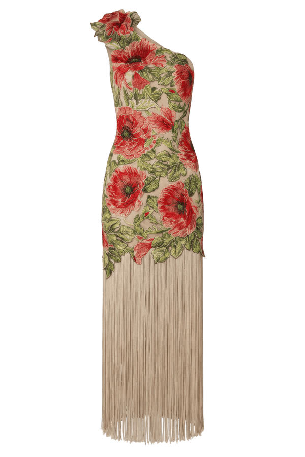 Embroidered One Shoulder Dress With Fringe Hem - ALBOUSHIYA - district 5 - dubai - riyadh - abaya - dresses - designers - evening wear - luxury - elegance - craftsmanship - gowns - cocktail dresses - collections - georges