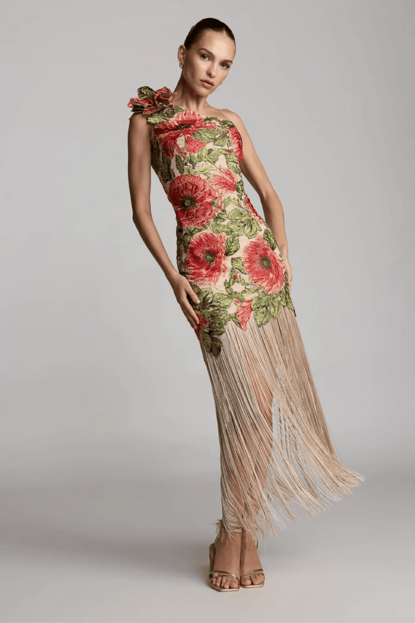 Embroidered One Shoulder Dress With Fringe Hem - ALBOUSHIYA - district 5 - dubai - riyadh - abaya - dresses - designers - evening wear - luxury - elegance - craftsmanship - gowns - cocktail dresses - collections - georges